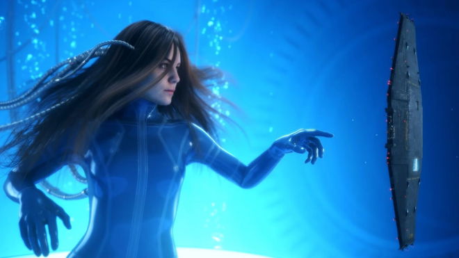 A human woman in a space tech suit from Homeworld 3 touching an Artifact