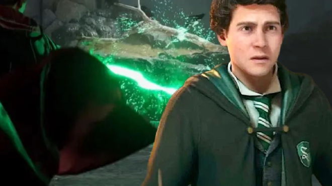 A hogwarts legacy character performing a Wizarding war crime, the killing curse, in front of a Slytherin student 