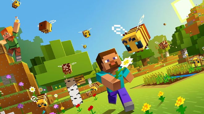 Minecraft's Steve chasing a bee in key art for Minecraft