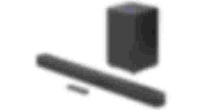 JBL Bar 2.1 Deep Bass (MK2) product image of a black soundbar with a subwoofer behind it and a remote in front of it.