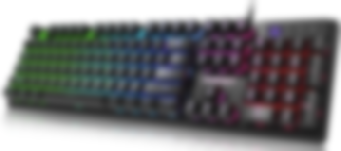 NPET K10 Gaming Keyboard product image of a black keyboard with backlit keys that transition from green to blue to pink, then to red.