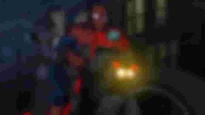 Spider-Man and Phil Coulson riding the Spider-Cycle