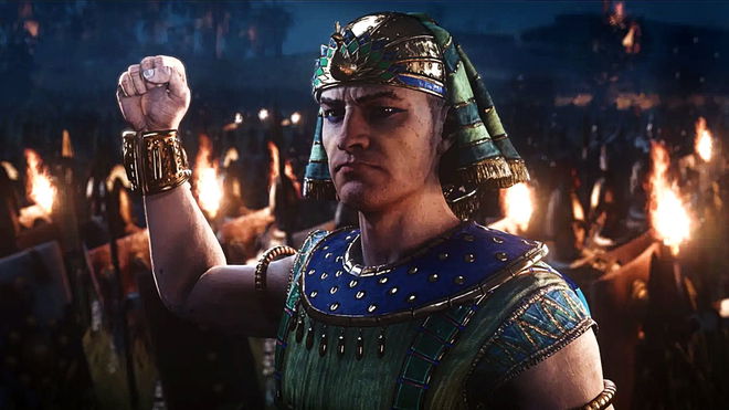 Total War Pharaoh Canaanite leader with fist raised, leading an army at night