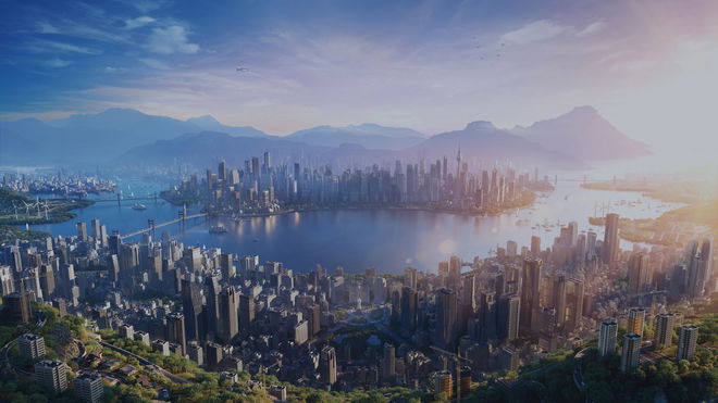 Cities Skylines 2 screenshot of city split by wide river with mountains in background
