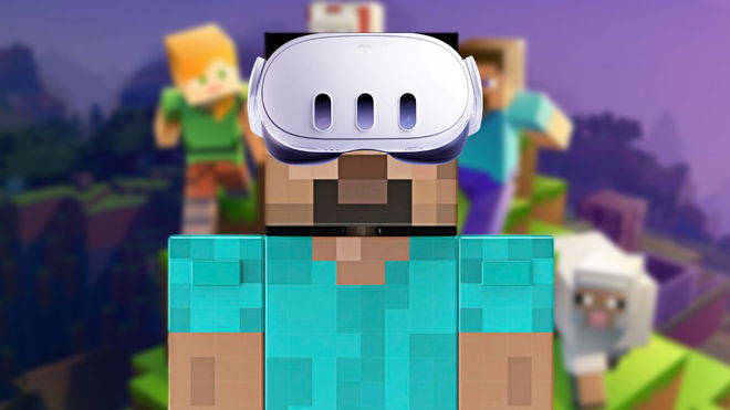 Steve from Minecraft wearing a Meta Quest 3 headset in front of a blurred Minecraft wallpaper
