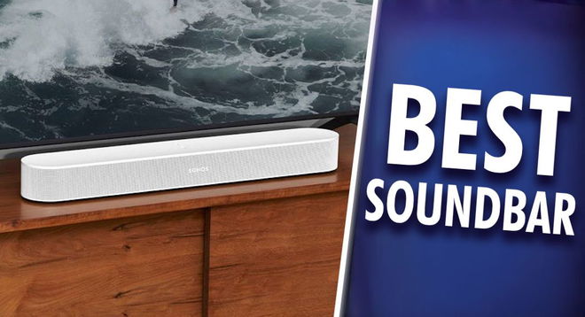 A white soundbar on a brown wood cabinet on one side of a white line. On the other, "BEST SOUNDBAR" branding in white.