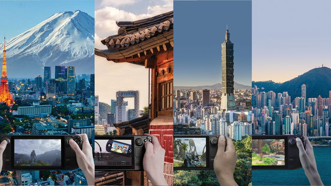 steam-deck-battery-life Steam Deck in front of different cityscapes - Japan, South Korea, Taiwan and Hong Kong