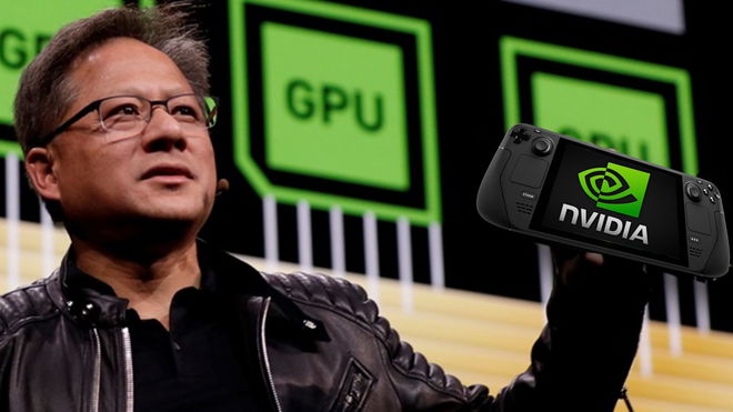 Nvidia CEO holding a steam deck on stage