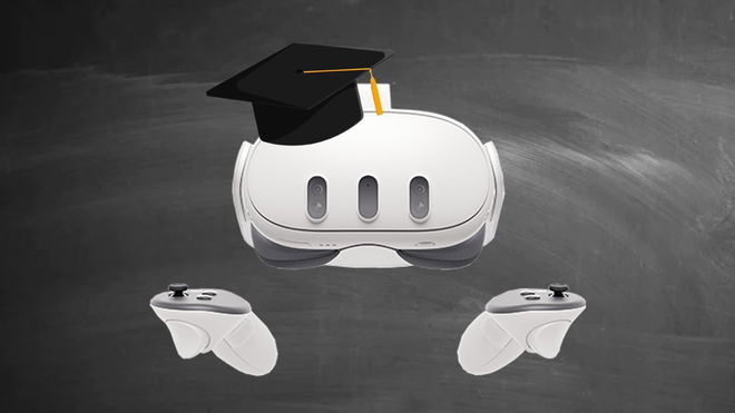 Meta Quest 3 wearing a graduation cap on a chalkboard