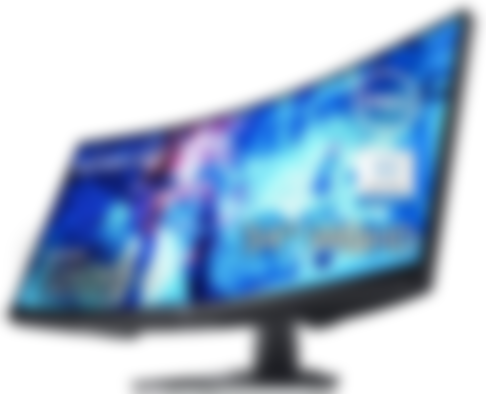 Dell S3422DWG product image of a black ultrawide monitor with specs in white on the display on a blue background.