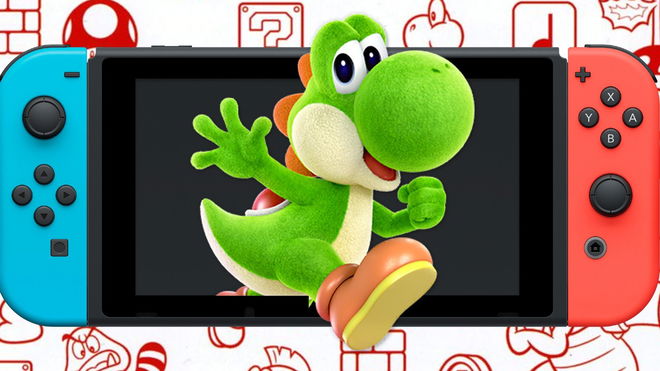 Yoshi stepping outside of a Nintendo Switch in front of a Mario wallpaper