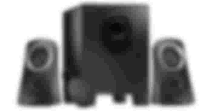 Logitech Z313 product image of two black speakers with grey accents on either side of a subwoofer.