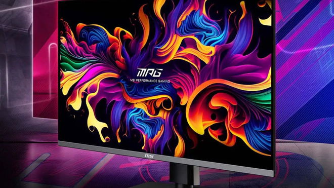 The MSI MEG 321URX QD-OLED AI gaming monitor in a sci-fi punk aesthetic background 