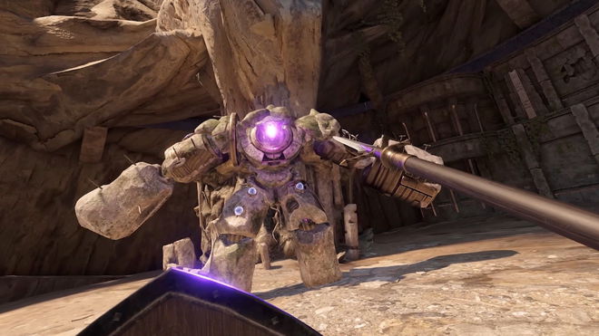 Hector the Golem boss fight in Blade and Sorcery 1.0 update trailer, with a POV of character holding a spear and a shield towards it