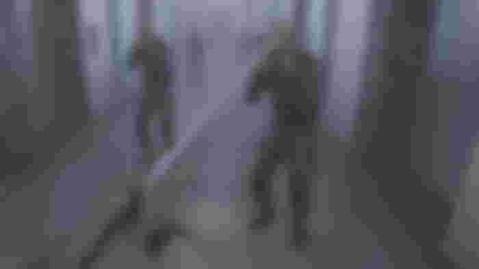 Player wields a samurai sword in front of a corridor filled with guards - Bonelab stuck on loading screen