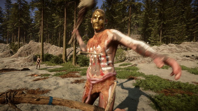 Image of DayZ player preparing to swing club with tall trees in background