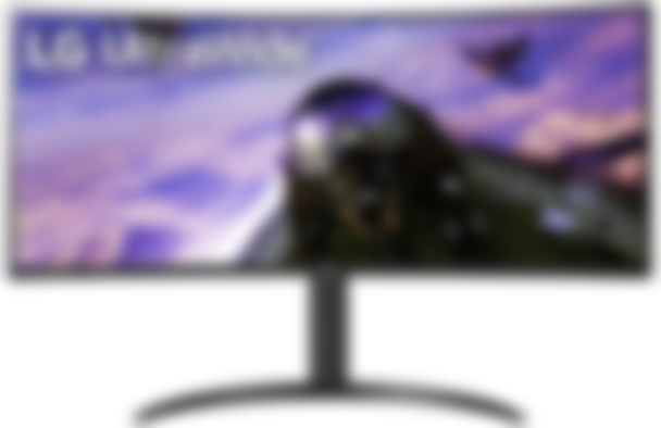 LG UltraWide 34WP65C-B product image of a black monitor with someone flying a fighter jet in a blue sky on the display.