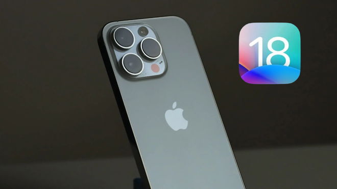 iphone 15 grey back with blue ios 18 logo at the right side