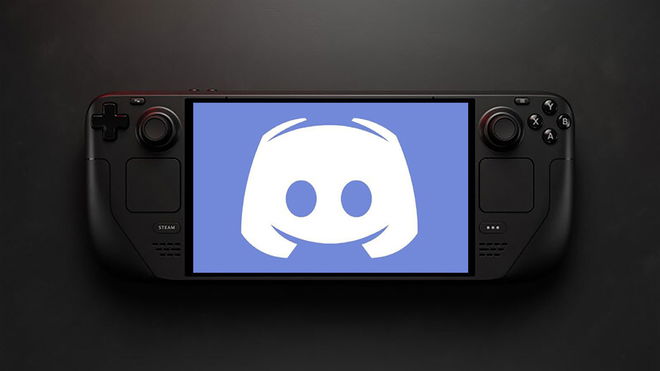 Steam Deck showing Discord logo on centre screen