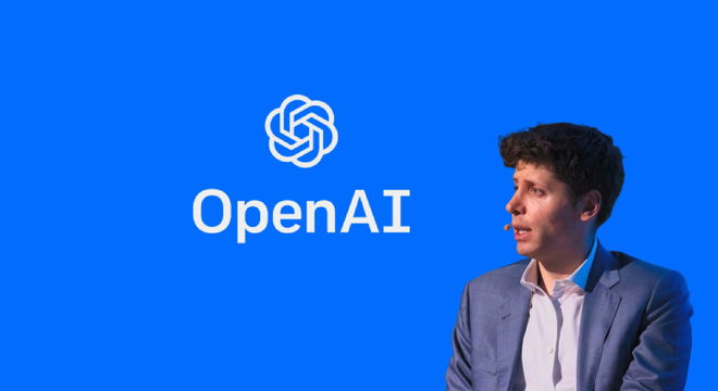 sam altman side profile on top of blue openai background