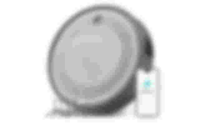Lefant M310 product image of a light gray, circular robot vacuum next to a phone.