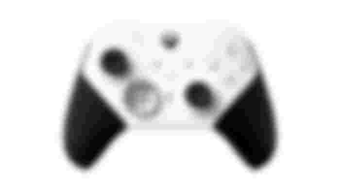 Microsoft product image of a white and black Xbox controller.