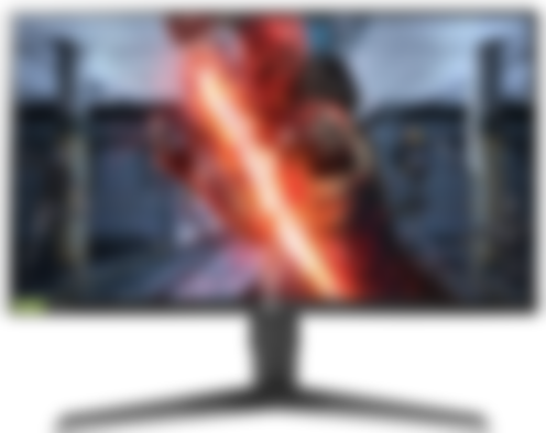LG 27GL650F-B product image of a black monitor with an armoured video game character with a flaming sword on the display.