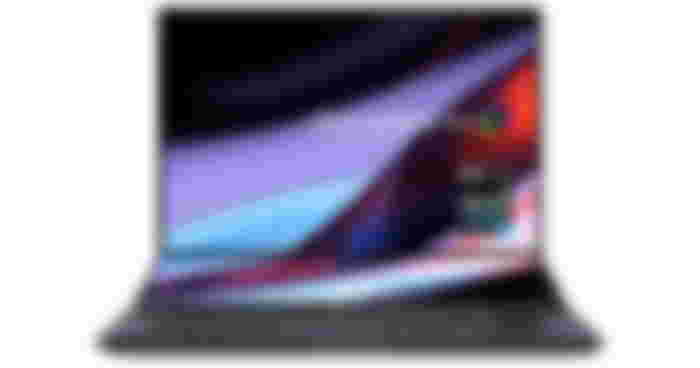 ASUS Zenbook Pro Duo product image of a foldable black laptop with a purple, blue, and red pattern on the display.