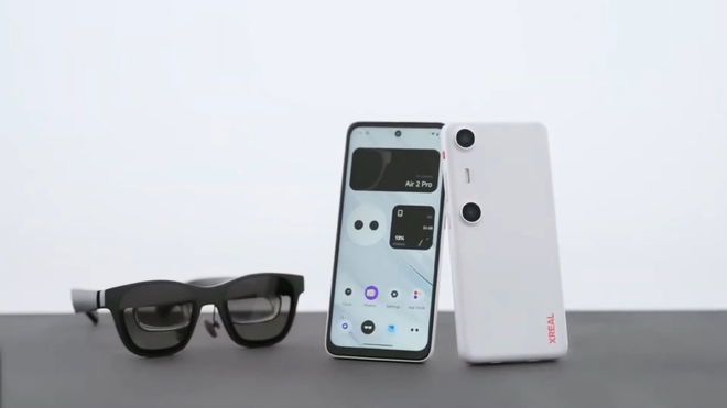 An XReal Beam Pro smartphone next to a pair of XReal AR glasses 