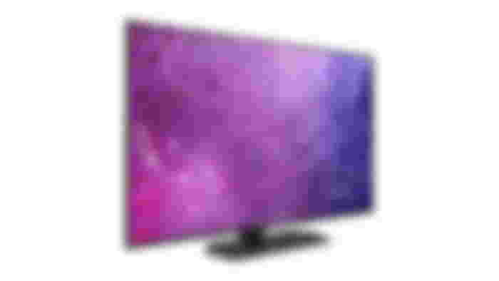 Samsung 65" Neo QLED QN90C product image of a black flatscreen TV with a purple and pink pattern on the display.