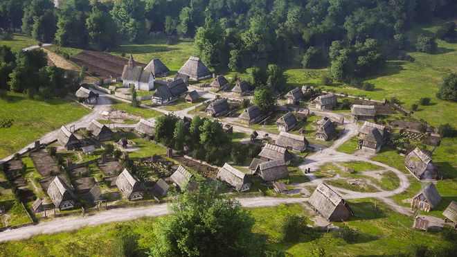 Manor Lords cheats: A medieval village in Manor Lords, set next to a forest.