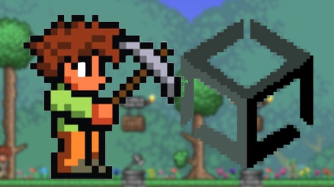 Terraria character destroying the Unity Game Engine logo 