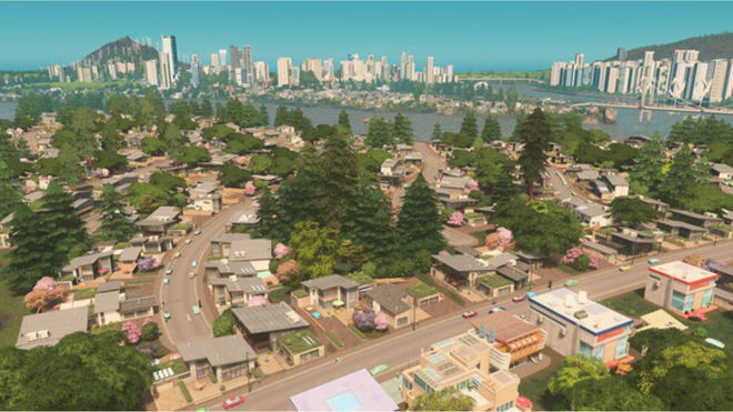 An aerial view of a residential area within Cities: Skylines