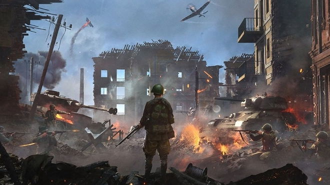 Hell Let Loose player standing in front of burning rubble with plane flying in sky above