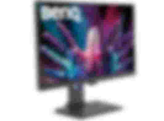 BenQ PD2705Q product image of a dark grey monitor with someone with their hands painted in glittery purple, pink, and blue on the display.