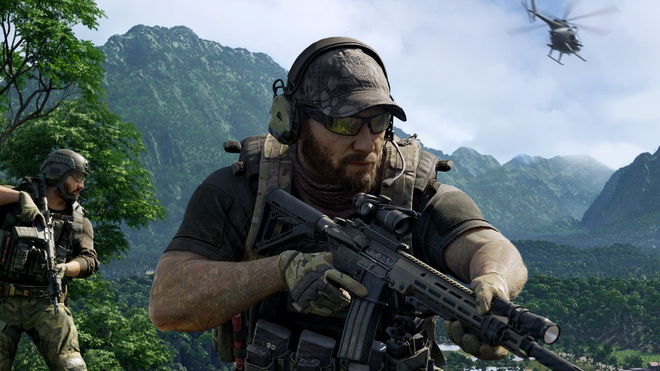 Solider holding a gun on a mountaintop in Gray Zone Warfare key art