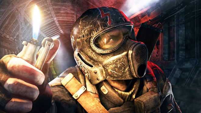 Artyom from Metro exploring a dense post apocalyptic tunnel 