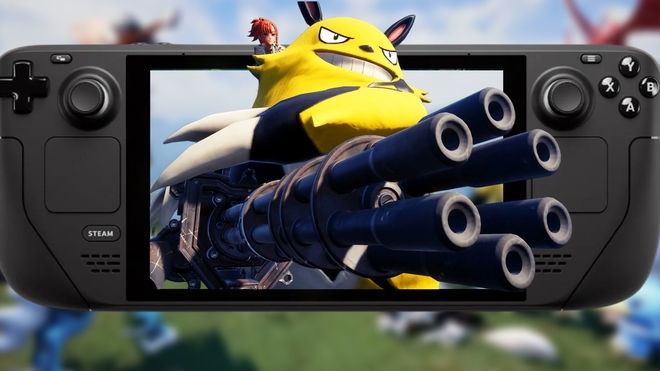 Grizzbolt holding a minigun from Palworld inside a Steam Deck