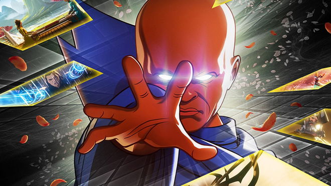 The Watcher from Marvel's What If? holding his hand out with images of multiverses next to him