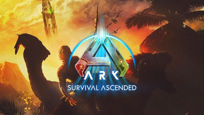 ARK survival ascended logo. A character sits on the back of a dinosaur in the background