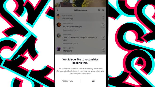 An iPhone screen with a TikTok pop-up warning a user that posting comments may violate guidelines, and the iPhone is surrounded by TikTok logos in front of a white background