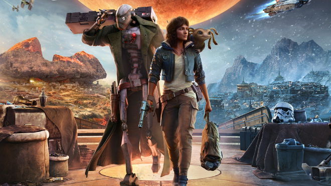 Kay and ND-5 walking together in Star Wars Outlaws key art