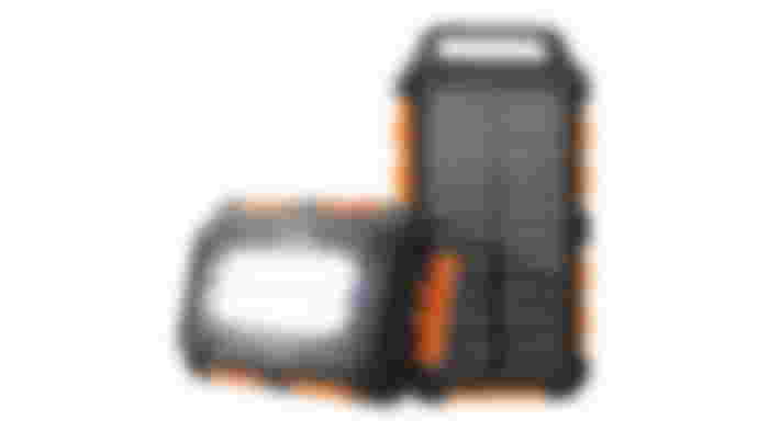 Toennesen Solar Power Bank product image of a black solar charging power bank with orange trim.