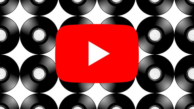 a YouTube logo is surrounded by black vinyl records on a white background