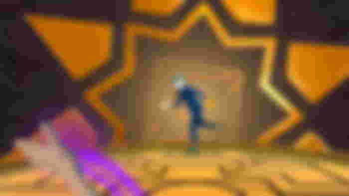 A faceless dancer in a blue and yellow suit from Just Dance VR.