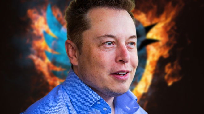 Elon Musk on top of a flaming Twitter logo