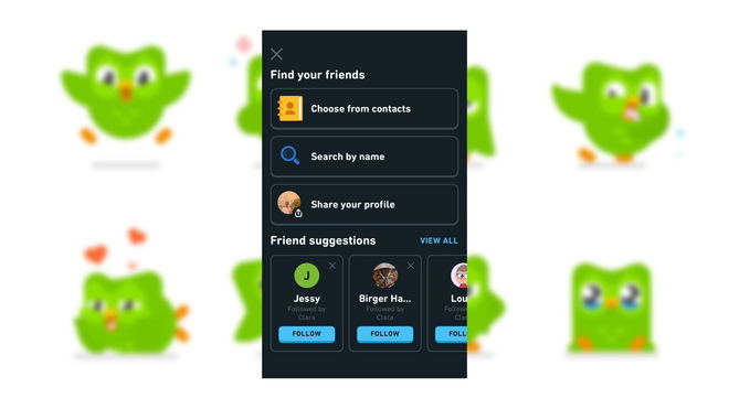 An image of the Duolingo app menu to add friends