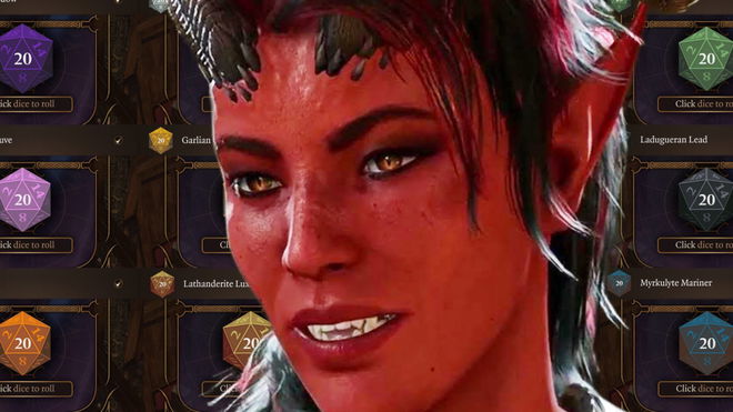 A red one-horned tiefling Karlach on a backdrop of the different dice in the expanded dice set mod for Baldur’s Gate 3 