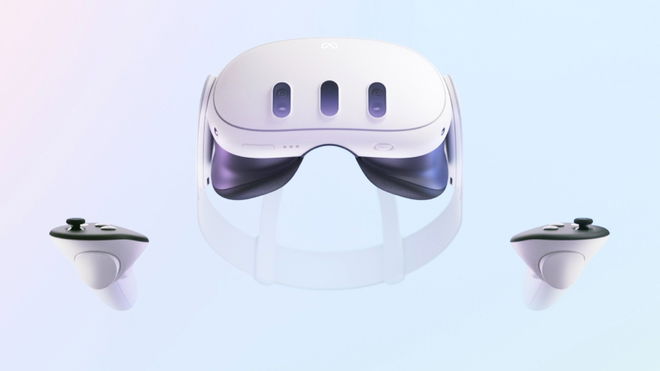 Meta Quest 3 VR headset and the controllers next to it in Meta press image
