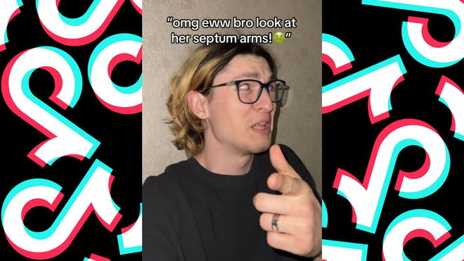  TikTok video screenshot of a man pointing with text overlay, “omg eww bro look at her septum arms!”